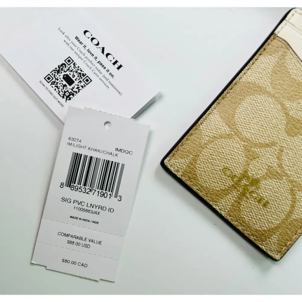 Coach Lanyard Signature Logo ID Holder NWT Coated Canvas with Leather Details